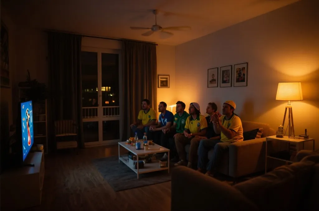 夜晚客厅里球迷观看世界杯决赛直播，屏幕前气氛紧张