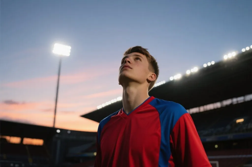 年轻足球运动员身穿国家队球衣，在夕阳下的球场坚定眺望
